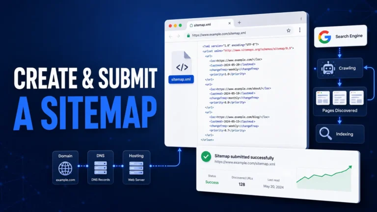 Technical SEO sitemap guide showing sitemap.xml, website crawling, indexing, DNS, hosting, and successful Google submission